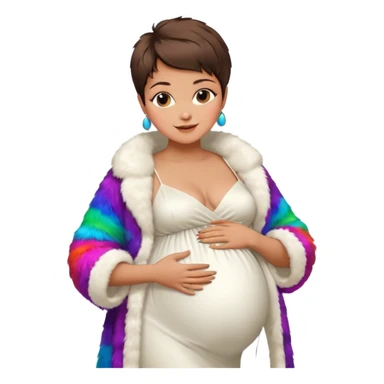 pregnant stylish woman with short pixie brunette hair happily touching her big belly while wearing white gown and fancy fur coat and colorful shades sticker