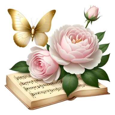 A charming antique music sheet, adorned with golden ink flourishes and pressed blush pink rose petals, resting beside a bouquet of fresh white peonies, while a pearl butterfly’s wings gently touch the delicate paper.
 sticker