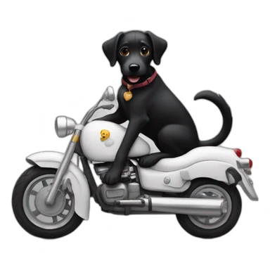 A black dog is riding on a white mo torcycle sticker