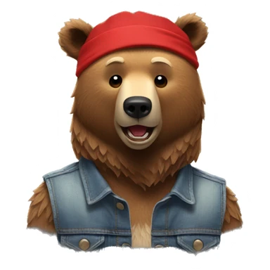 grizzly bear wearing sleeveless jean jacket and red headband with open mouth sticker