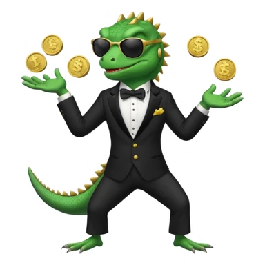 capitalist iguana banker in tuxedo and black sunglasses jongling with coins sticker