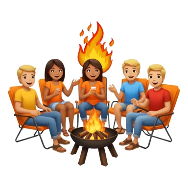 Born fire and people sitting beside born fire on chairs. Born fire is in the centre sticker
