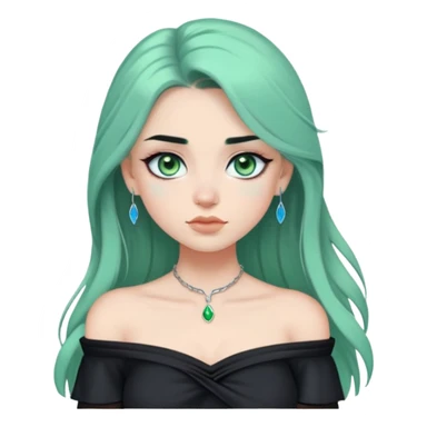 a soft, dolllike emoji girl with light sage green skin and big green-blue eyes, long black hair that swoops gently at the ends, a tiny silver nose stud and a eyebrow piercing on the left side. off the shoulder black top that shows her collarbones sticker