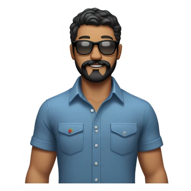  emoji of WHITE man, black hair. blue button up shirt, black glasses, beard and mustache. tattoo of rose on right arm and apple watch sticker
