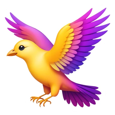 Create a minimalist, emoji-style icon of a bird in flight, symbolizing freedom, growth, and aspiration. The bird should have a sleek, modern design, with its wings slightly stylized to resemble a rising graph or digital wave, representing progress and AI. Use vibrant African-inspired colors like purple, yellow, for the bird, with a gradient effect to make it visually striking. The design should feel uplifting, dynamic, and scalable for a tech brand focused on education and upskilling sticker