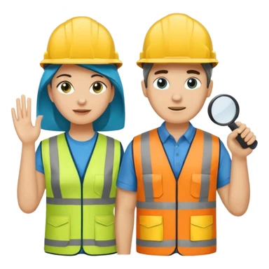 Um homem e uma mulher amarelos com capacete de obras ambos azul escuro e camisa social cinza com faixas refletivas verdes nos braços, Um deles deve estar segurando um megafone sticker