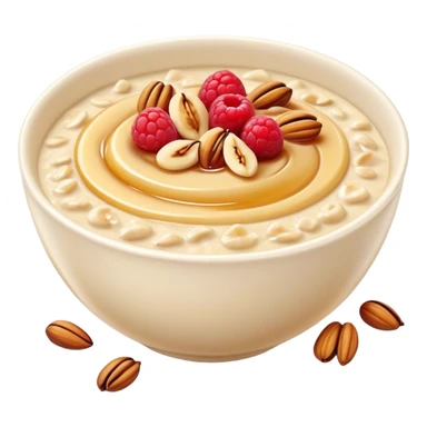 Cinematic creamy oatmeal, smooth texture with a swirl of honey on top, garnished with fresh berries and nuts, warm and comforting, cozy golden tones, rich and delicious. sticker