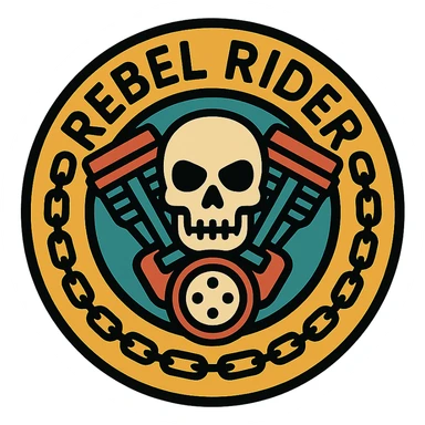 circular motorcycle cap design with the English phrase 'Rebel Rider', featuring motorcycle motifs like skull, motor, chain, rebellious style sticker