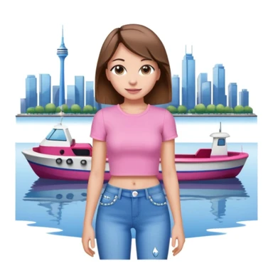 emoji-style character of a young woman with medium-length brown hair, pink short-sleeve crop top, and pearl-studded blue jeans, standing by a waterfront with city buildings in the background sticker