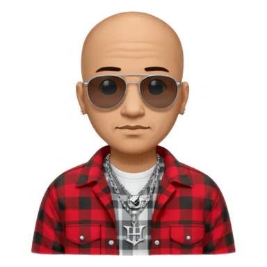 bald mexican cholo with black sunglasses a silver necklace witth h engraved on emblem and flannel shirt sticker