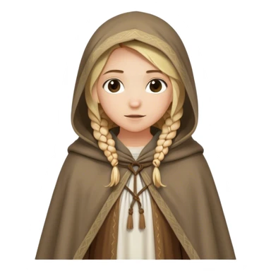 girl with blond braids wearing a tunic and a cloak with a hood over her shoulders holding a white cloth, medieval age sticker