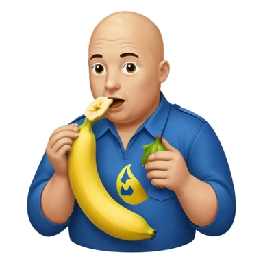 bald a bit fat man in a blue uniform eating radioactive banana sticker