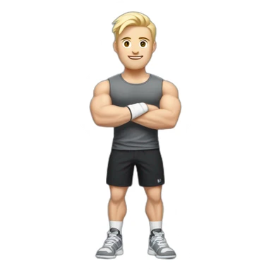 Full height Pale skinned fit man With the biceps and blonde hair In dark gray sleeveless mike, black oversize sports shorts, watch and white sneakers. his arms crossed over his chest sticker