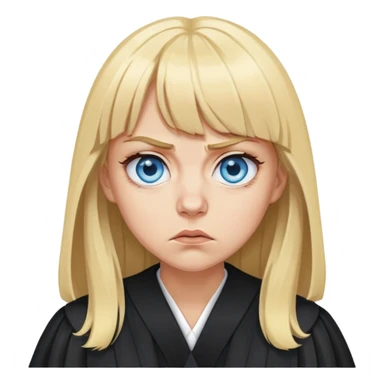 Very Angry with blue eyes, blonde hair with bangs, circles under her eyes from being tired in a black judges robe sticker