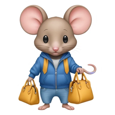 A fashionable mouse in wide jeans and a zip hoodie with a Balenciaga bag sticker