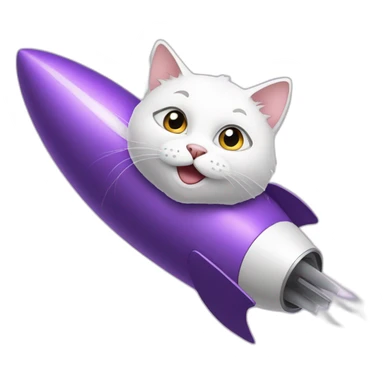 a white cat on a purple rocket sticker