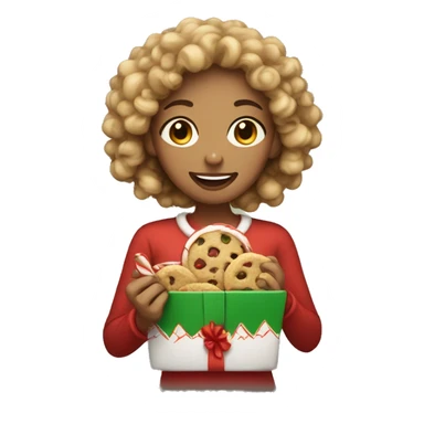 Light skinned women with curly hair eating a Christmas cookie sticker