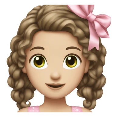 girl with brown hair and green eyes wearing a pink bow in hair, smiling, white glitter eyeshadow, pale skin,  sticker