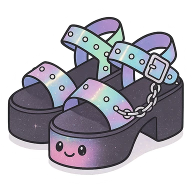 Add a holographic effect to the black-to-pastel pink gradient platform sandals with silver studs and chains, subtle glitter, kawaii style, no socks, no hearts, transparent background sticker