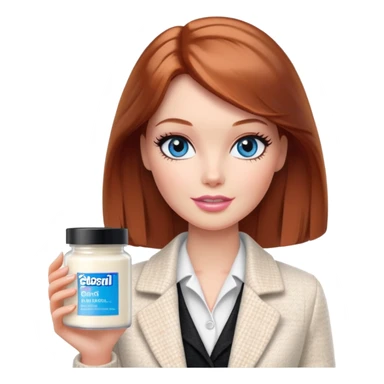 A Barbie girl with blue eyes, shoulder-length reddish-brown hair with makeup, wearing a white tweed jacket and a black skirt, holds pale beige body moisturizer cream pot sticker