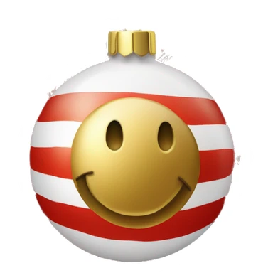 Create a smiley face of a Christmas tree toy in the form of a ball with patterns of snowflakes or stripes. The color of the ball is gold, red or silver to match the Christmas theme sticker