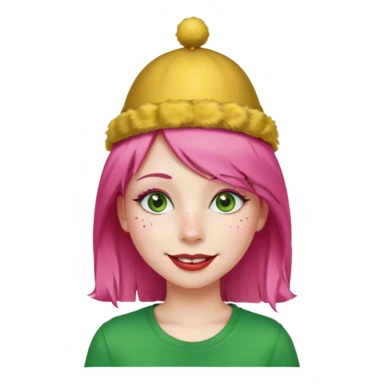Create a girl with pink hair and green eyes with long eyelashes and a smiley face. She has freckles in her face and a lit of bit of lipstick on her mouth, she’s also got gold birthday hat on her head with gold pom poms on top of it, and her T-shirt is red sticker