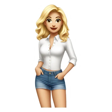 Blonde woman with white tight blouse and denim mini skirt and high platform heels looking at the camera sticker