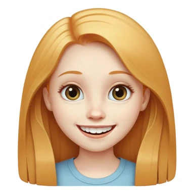 traditional simple emoji of young girl with very pale skin, long straight ginger blonde hair, big eyes, big smile with teeth showing, classic round face sticker