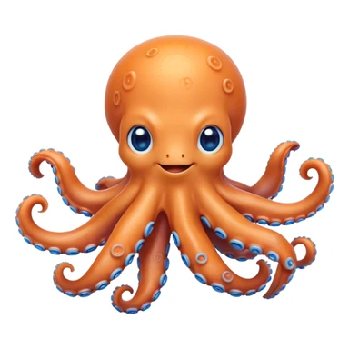 Cinematic Cute smiling Octopus Portrait Emoji, Head tilted playfully and inquisitively, featuring a rounded, light orange body embellished with playful blue rings, eight adorably curling arms, and big, twinkling eyes full of wonder, Simplified yet irresistibly adorable features, highly detailed, glowing with a warm, inviting underwater glow, high shine, affectionate and lively, stylized with a touch of whimsical cartoon charm, soft glowing outline, capturing the essence of a mischievous yet loving octopus that seems as if it could bob out of the screen into your arms! sticker