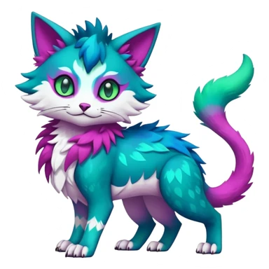 Kawaii cute colorful iridescent deep-dark-turquoise-green and magenta and white beautiful pretty elegant divine edgy feline-vernid-sergal-Fakémon-Pokémon-fursona-animal-creature with accessories, full body, with intricate detailed markings sticker