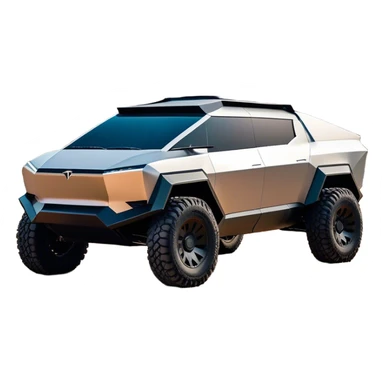 Tesla Cybertruck - A futuristic Tesla Cybertruck, angular and geometric with a sharp, triangular body shape. Stainless steel exoskeleton with a raw, unpainted, brushed-metal finish. A sleek, narrow LED light bar stretches across the entire front. Large, rugged off-road tires with exposed wheel arches. Smooth, handle-free doors and a slanted, armored rear with a retractable tonneau cover. Rear LED strip mirroring the front. The vehicle looks like a sci-fi-inspired, bulletproof stealth tank on wheels, set in a high-tech urban environment at sunset, with reflections on its metallic surface. sticker