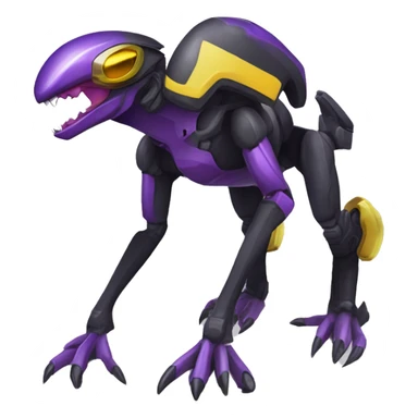a shiny black-purple-yellow Genesect-Raptor-Fakémon—hybrid with a futuristic visor-helmet full bod sticker