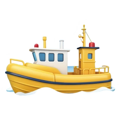 A 3D cartoon tugboat towing another boat on calm blue water, soft waves, clear sky, Memoji-style. sticker