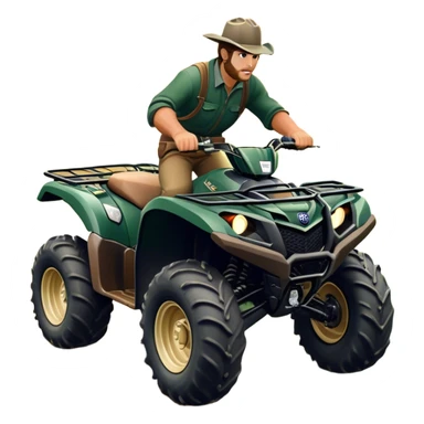 Yamaha Grizzly 700 (2019) – Cinematic-realistic Yamaha Grizzly 700 ATV, its dark green frame tearing through muddy trails. Thick off-road tires grip the rugged terrain as a farmer rides across the paddock, herding cattle with precision under a golden sunset. sticker