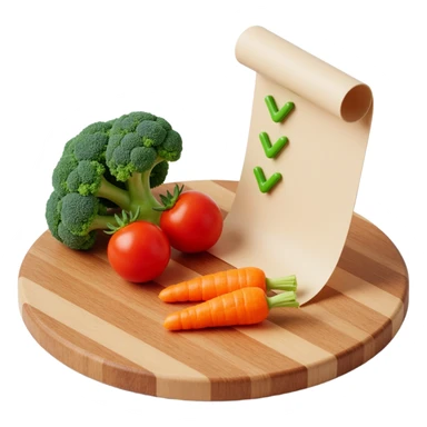carrot tomato brocoli on the wooden cutting board with floating rolled paper list with green checkboxes sticker