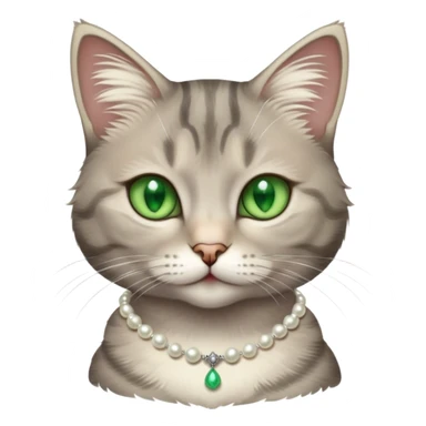 fluffy light grey tabby cat with green eyes, white tummy, and a pearl necklace  sticker