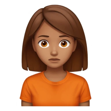 25 year old woman in orange shirt, she looks like she is in pain. She has brown hair sticker