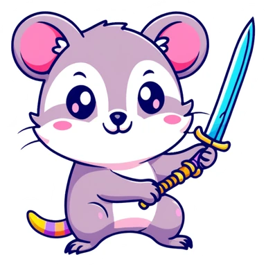 A colorful possum holding a glittery sword, rainbow sparkles, vibrant neon colors, cute big eyes, with stars and hearts background sticker