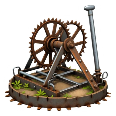 Realistic rusty bear trap open on forest ground, sharp metal jaws, detailed steel texture, natural lighting sticker