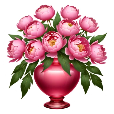 Lush Shell Pink peonies bloom gracefully in a Venetian Red glass vase, their soft petals glowing in the light. An Angel Pink silk bow drapes elegantly around the vase, adding a touch of delicate romance." sticker