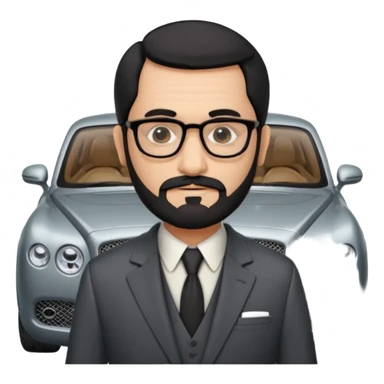 Professor Bentley Dyed black gray hair  frencb beard graying indian guy in suit with a bentley car. Older look with glasses slight balding sticker