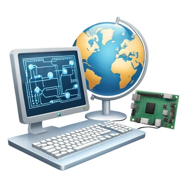 An icon featuring a computer monitor displaying code, a globe with network nodes, and a circuit board, symbolizing IT. The design includes data streams, cloud storage, and a keyboard, representing digital innovation, connectivity, and problem-solving. Transparent background sticker