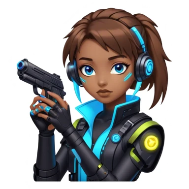 Neon cyberpunk style 
girl with brown hair and blue eyes 
shoots sticker