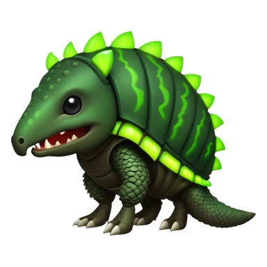 Biohazard armadillo. has black skin and a dark, segmented shell, with the middle sections of each segment glowing in a toxic lime green. The armadillo's face has a twisted, evil grin. His eyes are wide and intense, glowing in the same toxic green. sticker