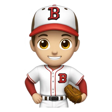 Boy baseball player, white skin, short brown hair, smiling. Red cap with a T as its logo, white uniform with red details. sticker