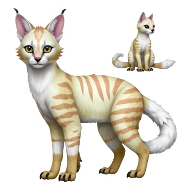 Realistic Colorful pale light fruity pastel white glorious iridescent exotic albino neon vibrant zigzagged fantasy-caracal-civet-genet-sergal-vernid-Gryphon-Cacomistle-Trico-oncilla-animal-Fakémon-hybrid-fursona (full body), facial markings, (realism style) sticker