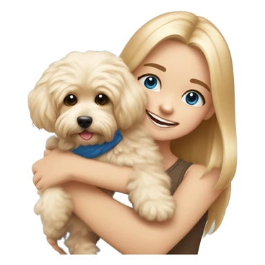 New year mood Blonde girl with very long straight hair and blue eyes is hugging a small caramel maltipoo and the dog is smiling  sticker