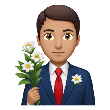Homme avec bouquet fleurs blanches, avec uniforme bleu foncé cravate rouge, arabe raie sur le coté, brun un peu bronzé et yeux marrons  sticker