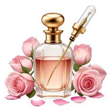 A vintage perfume bottle with a golden atomizer, surrounded by soft pink rose petals. sticker