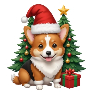 tricolor (black and red head) corgi with santa hat on and christmas tree near sticker